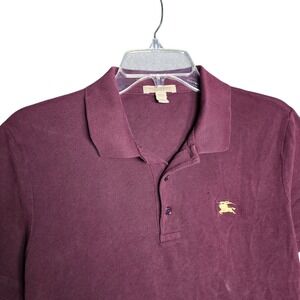 Burberry Brit Polo Shirt Mens XS Red Burgundy Metallic Metal Logo Cotton Pique